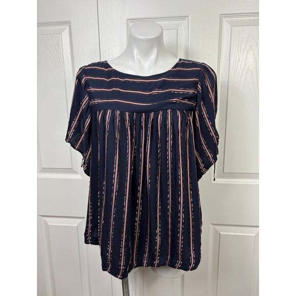 By Anthropologie Navy & Metallic Striped Tie Short Sleeve Peasant Blouse Top L - Picture 3 of 9